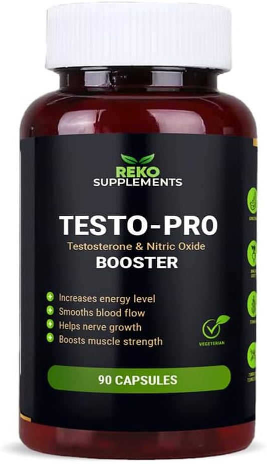 Reko Supplements Testopro 90 Capsules, Maca, Ginseng, Tribulus, Muira Puama, L-Arginine, L-Taurine, Mens Supplements, Nitric Oxide Booster,Supplements for Men