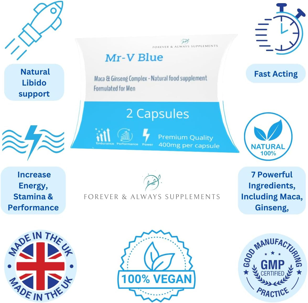 2 X MR-V Blue Natural Supplements, 400Mg Sex Tablets for Men, Ginseng & Maca Ultra Strong Male Performance Capsules, Last Longer, Fast Acting, Stamina, Sex Drive, Libido & Endurance Support!