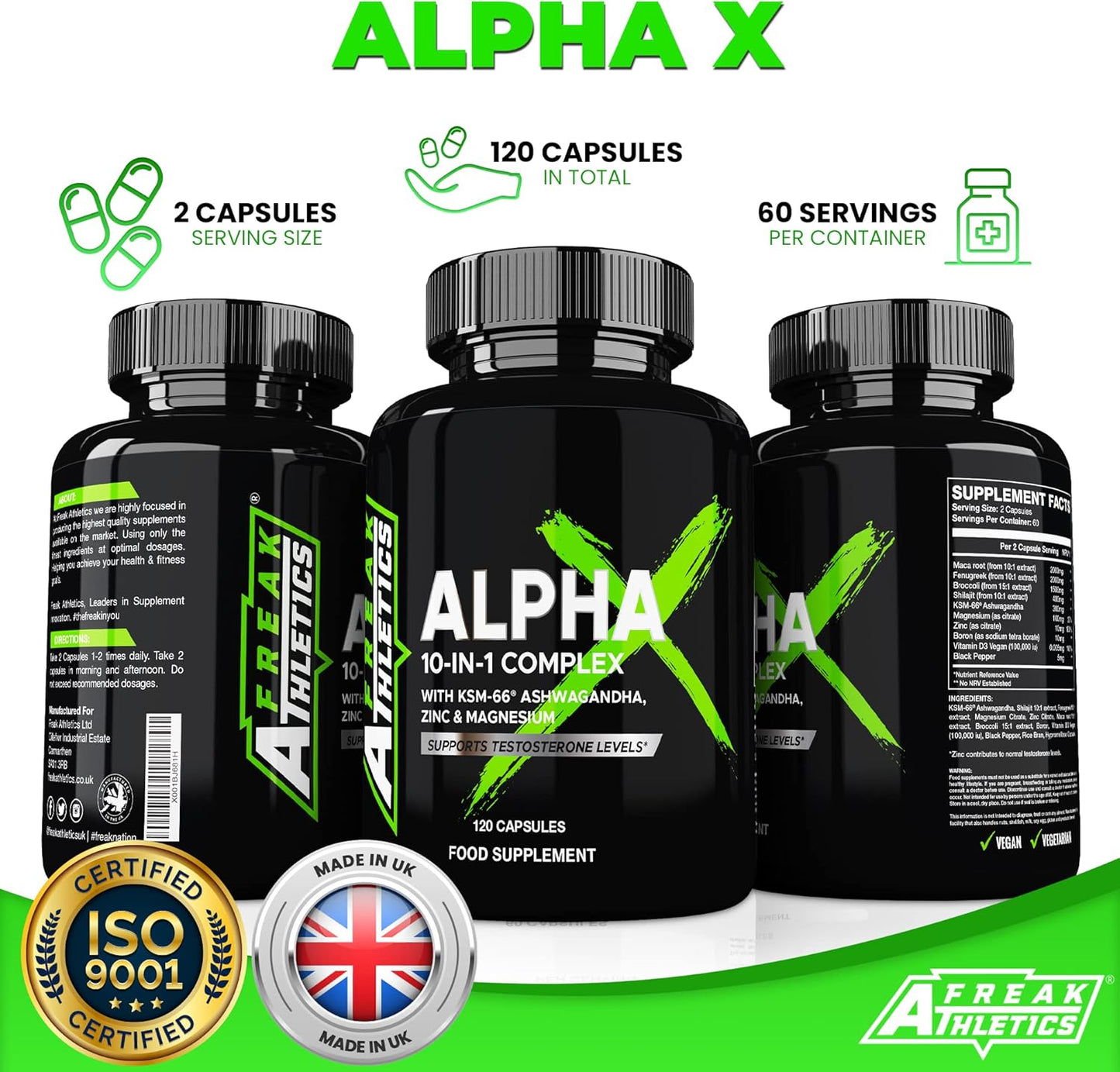 Alpha X Testosterone Supplements for Men - Testosterone Booster for Men 120 Capsules - 10 Powerful Ingredients & Vitamins Including KSM-66 Ashwagandha, Zinc, Maca Root Extract - Made in the UK