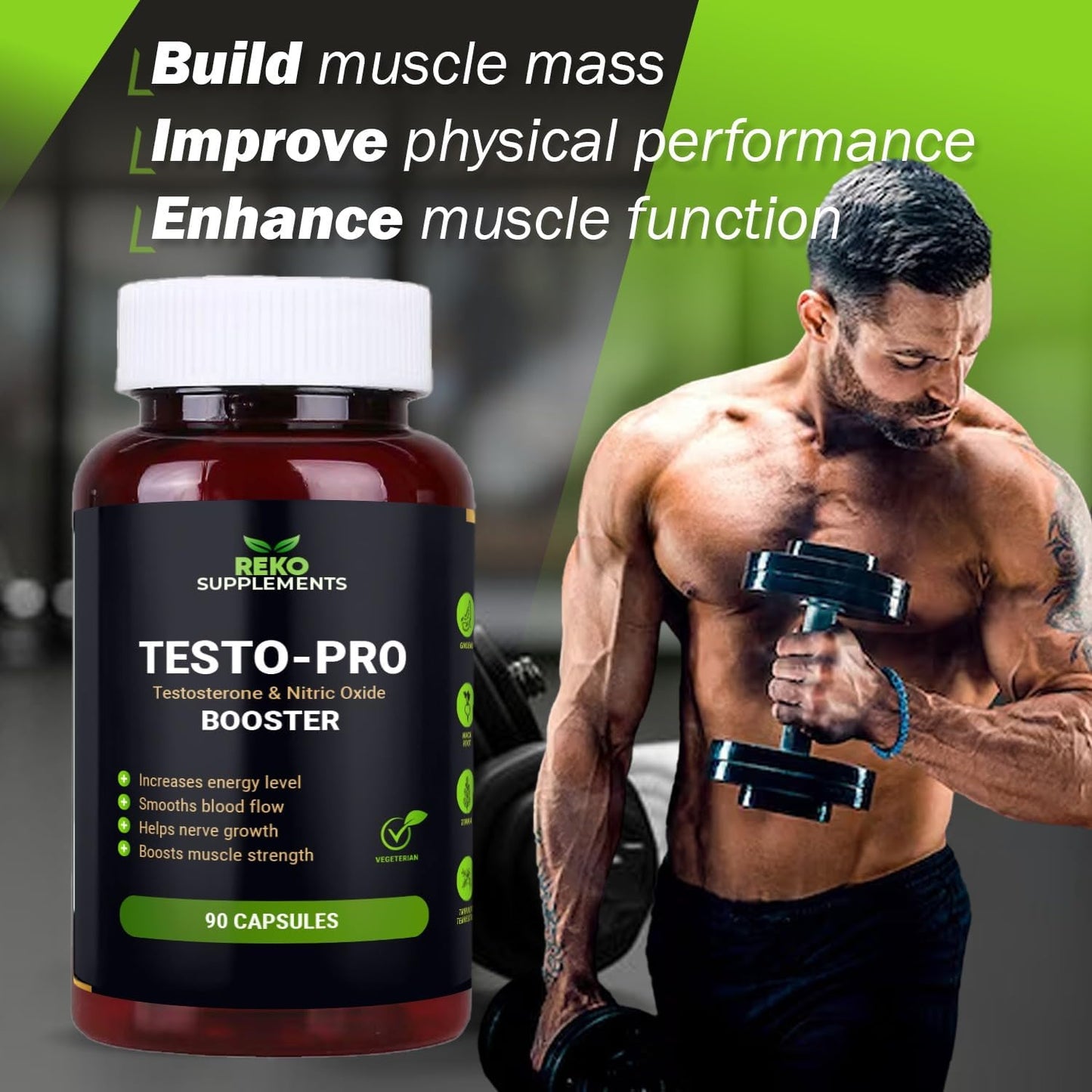 Reko Supplements Testopro 90 Capsules, Maca, Ginseng, Tribulus, Muira Puama, L-Arginine, L-Taurine, Mens Supplements, Nitric Oxide Booster,Supplements for Men