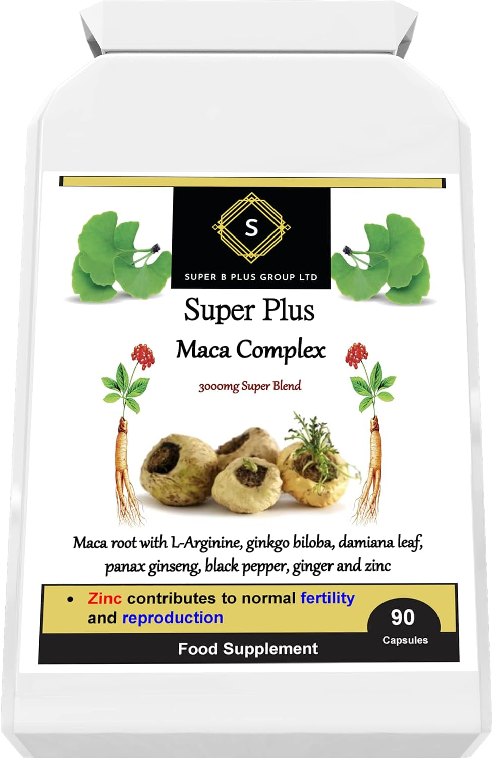 Super plus Maca Complex with Ginkgo Biloba Panax Ginseng Ginger Root Sexual Health Fertility Reproduction Women & Men Health Vegetarian Vegan Gluten Free Dairy Free Supplement 90 Capsules