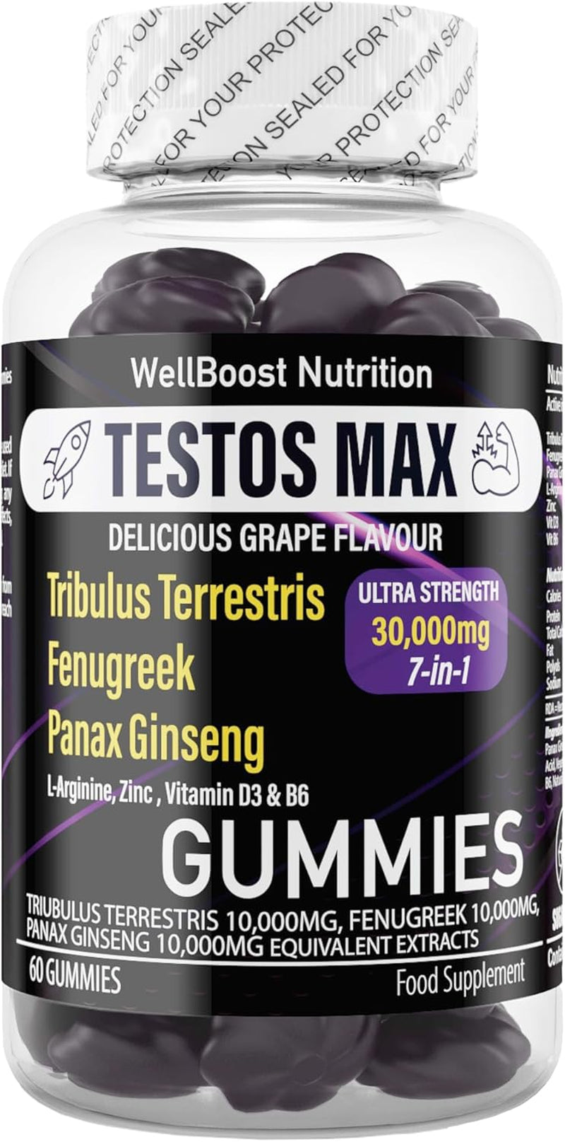 Testos MAX Strength Gummies, 30,000Mg (7In1) Tribulus Terrestris, Fenugreek, Panax Ginseng Extracts, L-Arginine, Zinc, Vitd3 and Vitb6, Delicious Vegan, Sugar Free for Adults with Grapes Flavour.