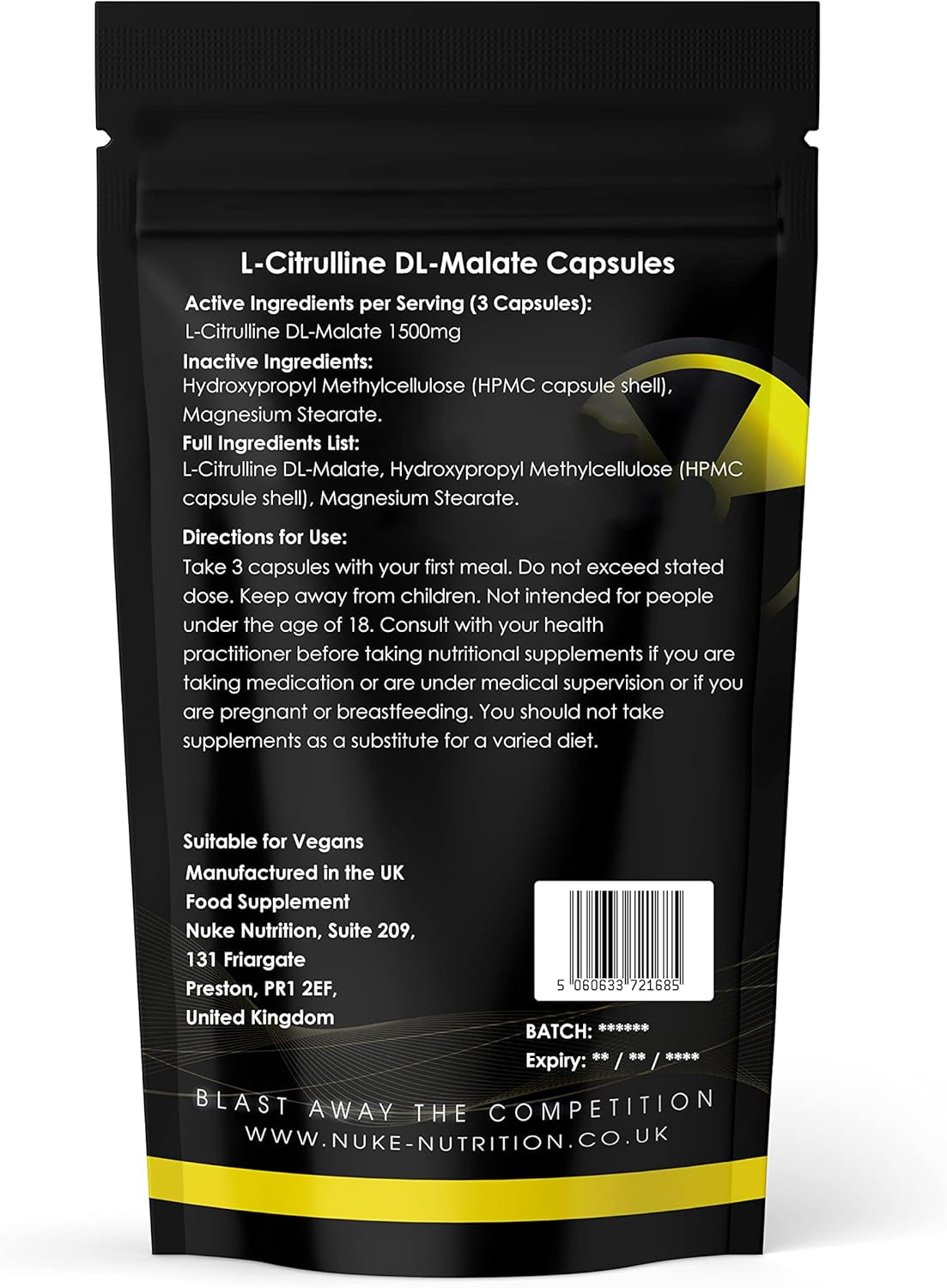 Nuke Nutrition L Citrulline Malate Capsules | 60 Capsules | High Strength 1500Mg Dose Supplement | Boost Circulation, Performance & Muscle Recovery | 100% Natural, Preservative & Filler Free | Vegan