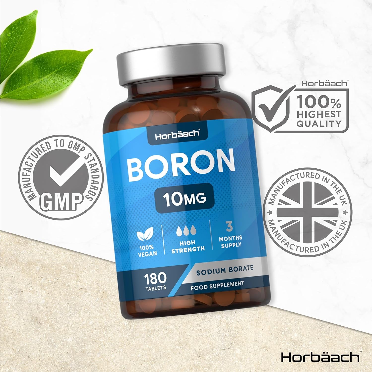 Boron 10Mg | High Strength Boron Supplement | 180 Vegan Tablets | Sodium Borate | for Men & Women | by Horbaach