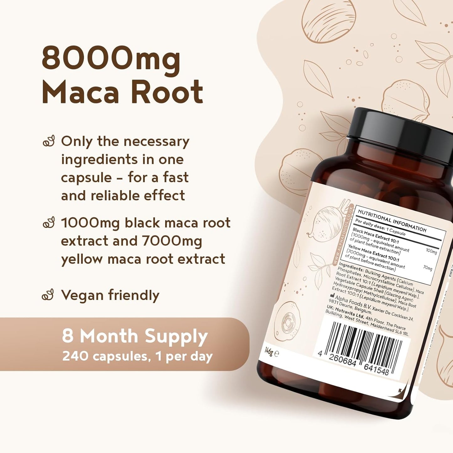 Maca Root Capsules 8000Mg | 240 Vegan Capsules - 8 Month Supply | High Strength Peruvian Ginseng Maca Root for Men and Women | Black & Yellow Maca Herbal Booster | Capsules Not Tablets |