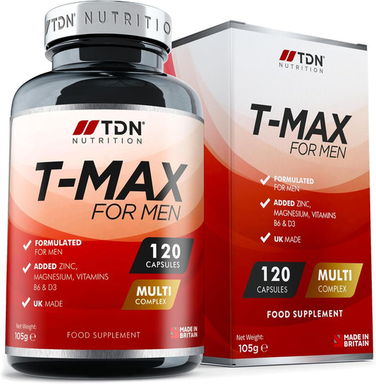 T-MAX for Men - 120 T-Booster Capsules - UK Formulated Premium Supplement - Ingredients Contribute to Normal Testosterone Levels & Reduction in Fatigue - Multi-Complex Formula