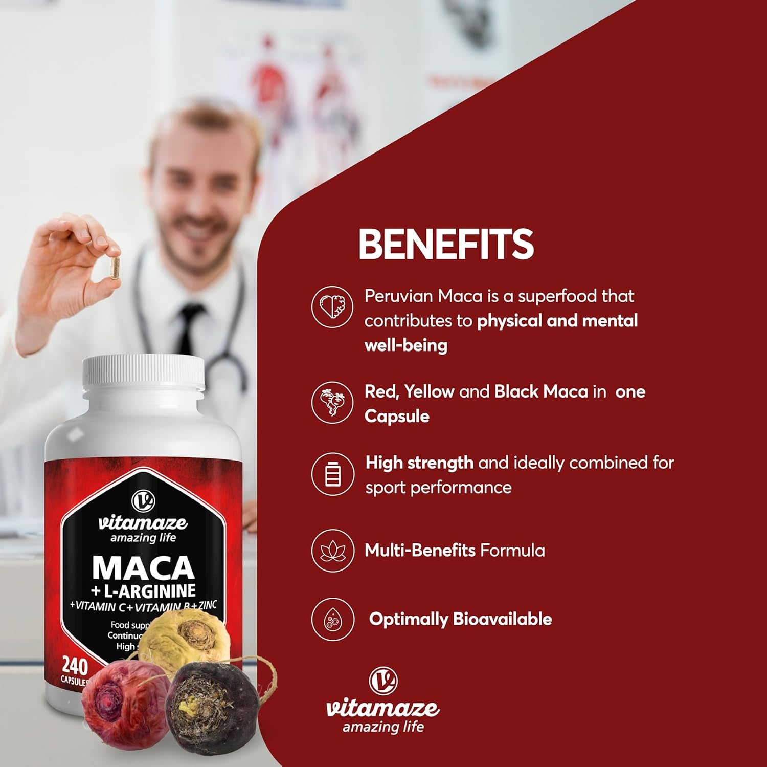 Maca Root Capsules for Women and Men with L-Arginine, B6, B12 and Zinc - Hormonal Balance, Anti-Stress, Energy Booster - 240 Capsules for 2 Months - Organic Supplement, German Quality- Vitamaze