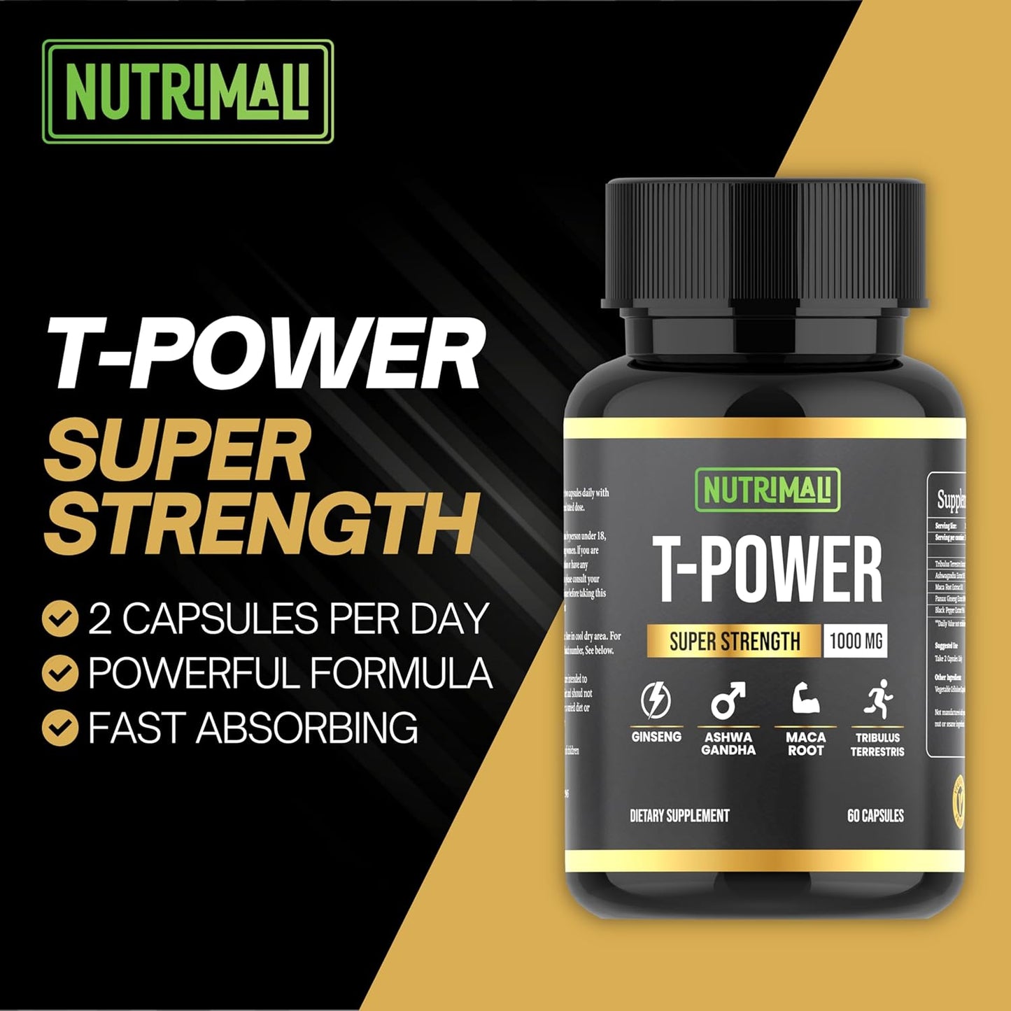 T-Power (2 Pack), T-Ali Equivalent | Tone Supplement for Men | Maca Root, Ginseng, Ashwagandha, Tribulus Terrestris | 120 Capsules 1000Mg High Strength| Energy and Stamina Booster