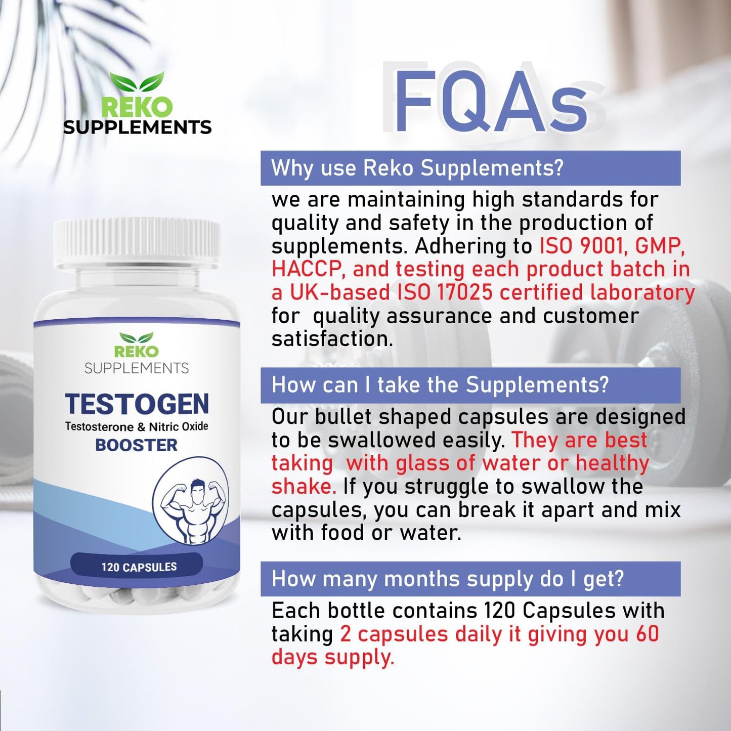 Reko Supplements Testogen, Maca Root, Ginseng, Tribulus Terrestris, L-Citrulline, L-Taurine, Ashwagandha,120 Capsules High Strength, Gym Supplements