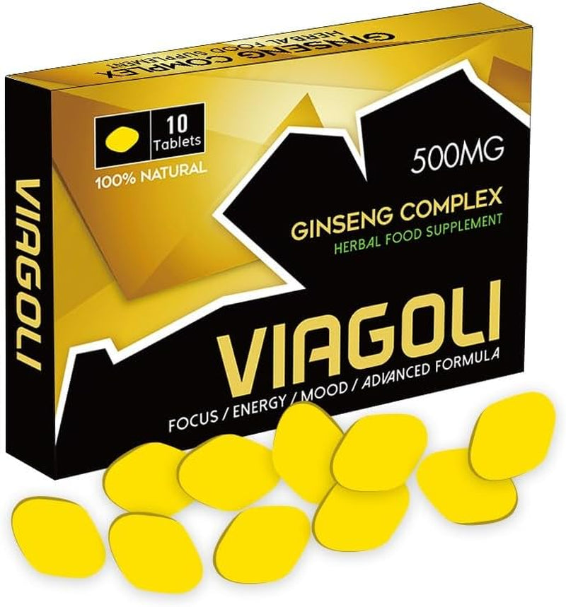 New VIAGOLI Gold - 10 Pills 500Mg - Stronger & Harder Enhanced Strength & Firmness for Men - Designed to Boost High Stamina, Performance & Natural Male Enhancing Food & Herbal Supplement