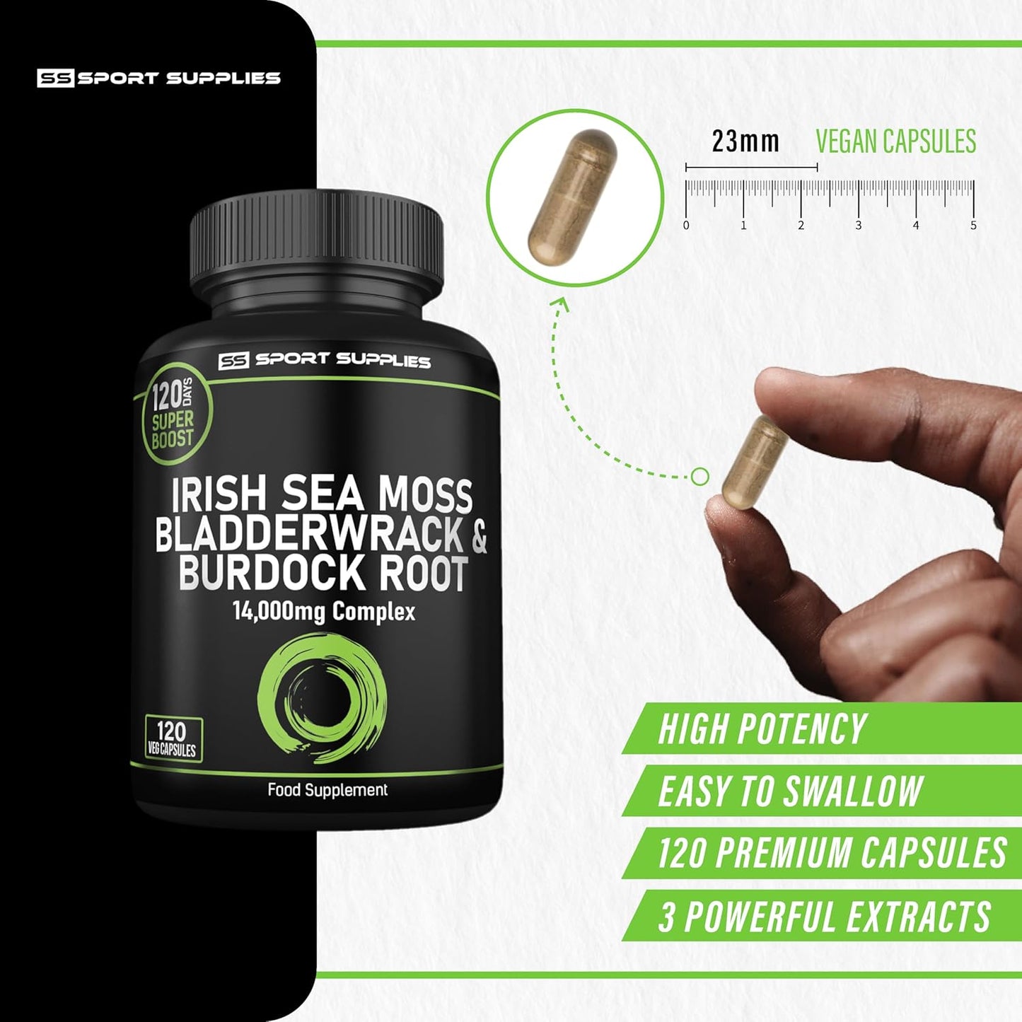 Sea Moss Complex 14,000Mg Extract Including Bladderwrack & Burdock Root - 120 High Strength Capsules Providing 120 Day Supply - North Atlantic Irish Sea Moss Supplement - Vegan & UK Made