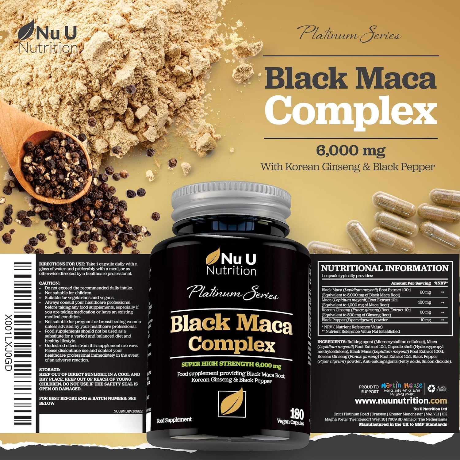 Maca Root 6000Mg - High Strength Complex with Black Peruvian Maca, Korean Panax Ginseng & Black Pepper - 180 Vegan Capsules - 6 Month Supply - Capsules Not Tablets