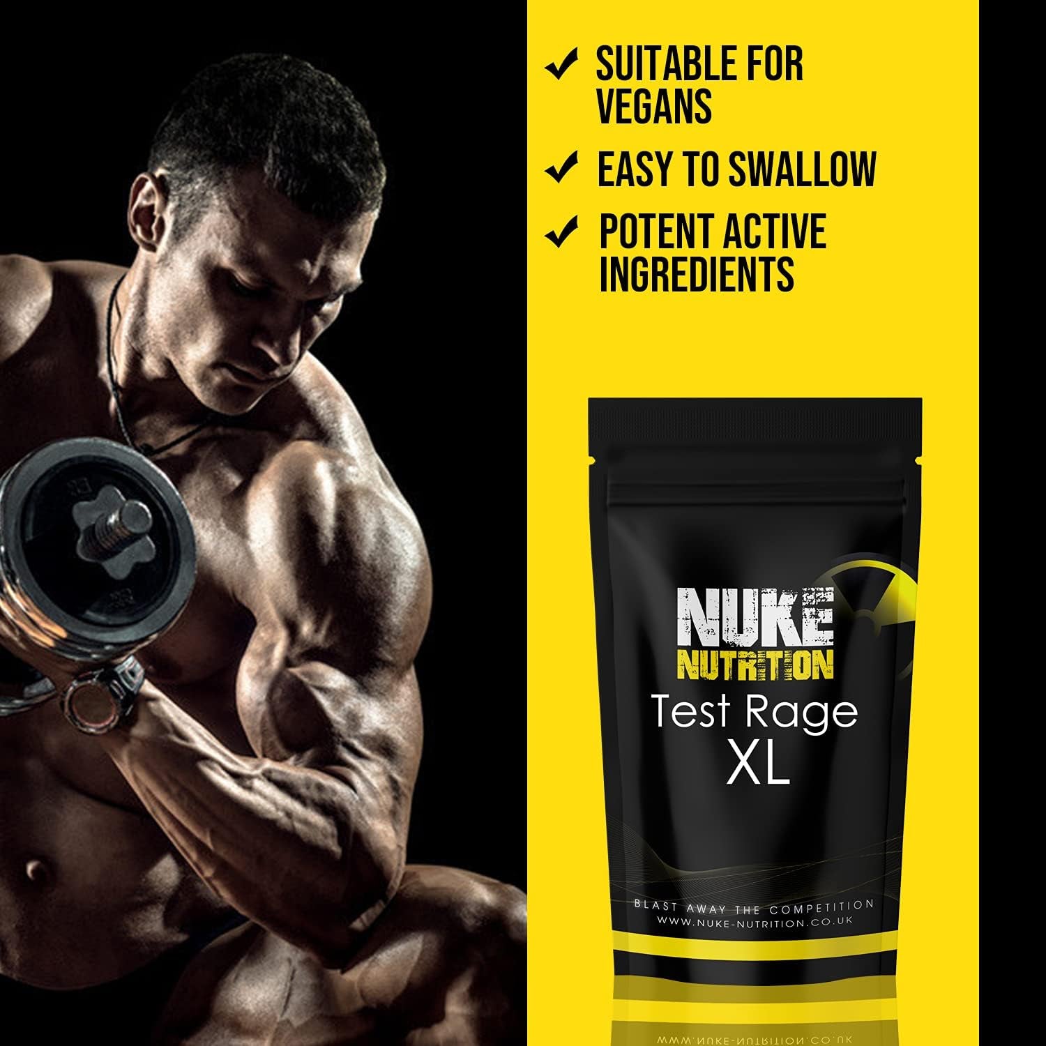 Nuke Nutrition Test Rage XL Testosterone Booster for Men | 60 Capsules | Anabolic Supplement to Enhance Male Testosterone Levels | Boost Lean Physique, Muscle Growth & Strength | Vegan & Easy Swallow