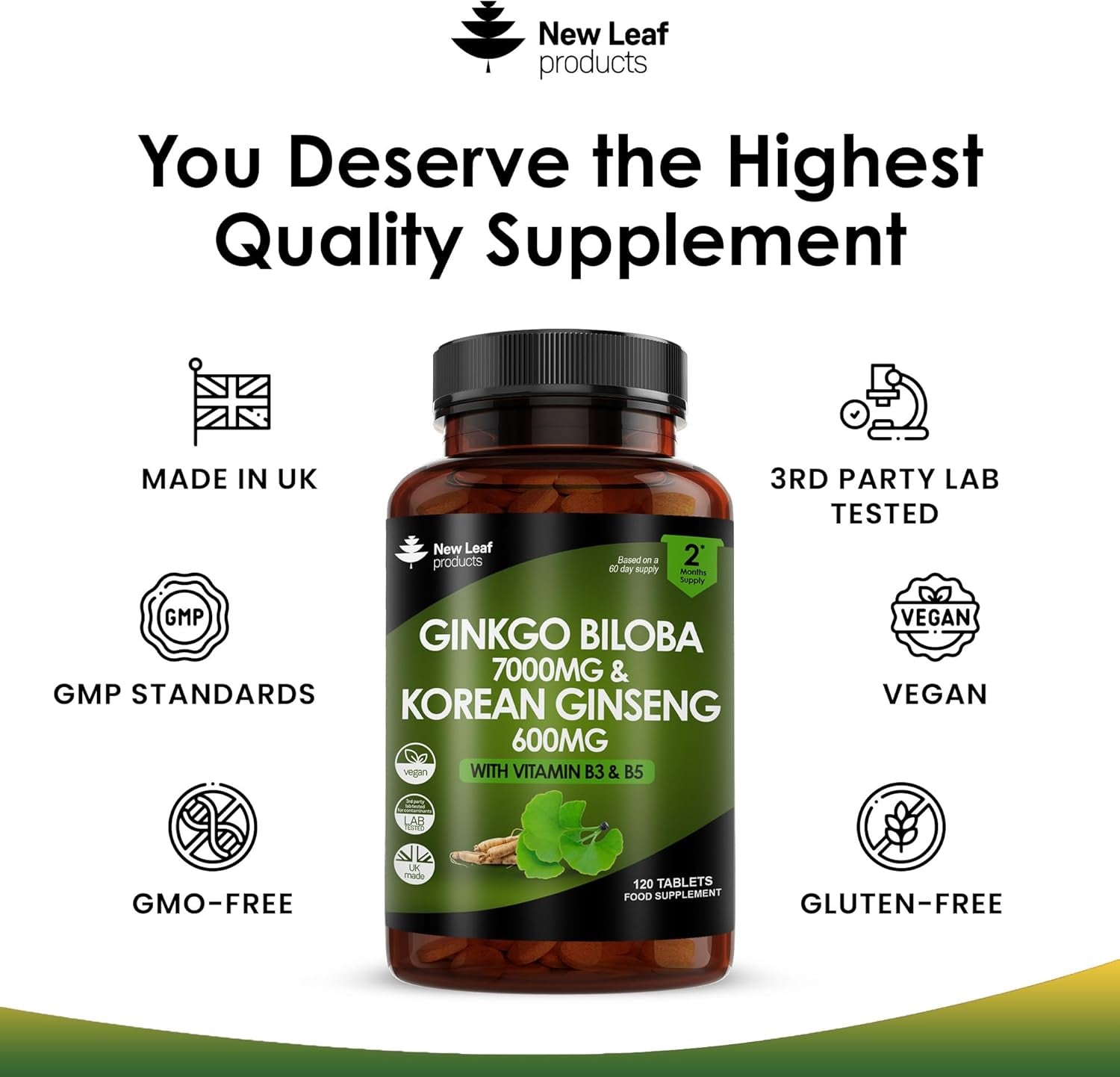 Ginkgo Biloba and Korean Ginseng Tablets - 7000Mg Ginkgo Biloba Herbal Supplements & 600Mg Panax Ginseng High Strength Ginseng Extract - Enriched with Vitamin B3 & B5-120 Vegan Tablets