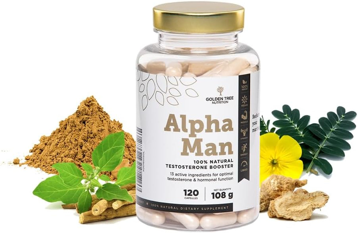 Golden Tree Alpha Man - Testosterone Supplements for Men with Ashwagandha KSM-66, Red Ginseng, Vitamin D, K1, B6, Selenium, Zinc, DAA, Black Pepper and Others - Strong Libido and Testosterone Booster.