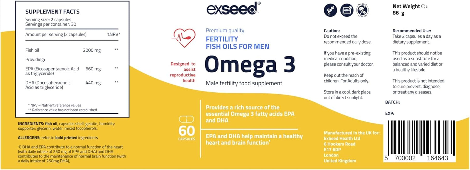 Exseed Health Omega 3 Fish Oil Capsules - High Strength Supplements for Men'S Health and Male Fertility - 60 Capsules Mens Fertility Supplement - with EPA & DHA