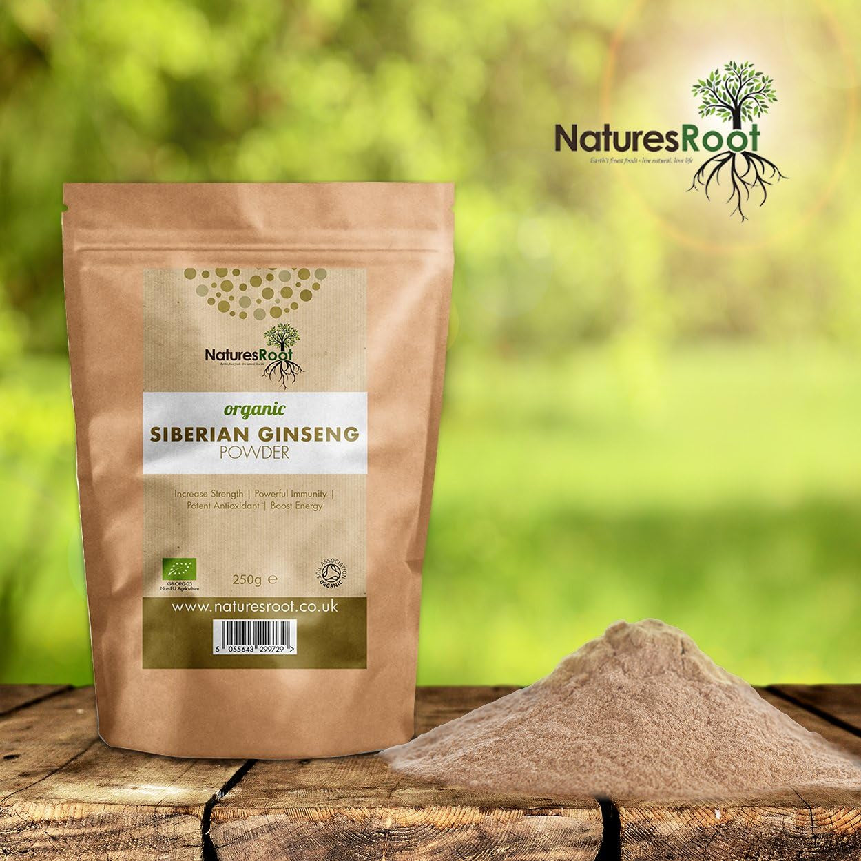 Natures Root Organic Siberian Ginseng Powder 250G - Boost Stamina & Immunity | Vegan | Non GMO | Raw