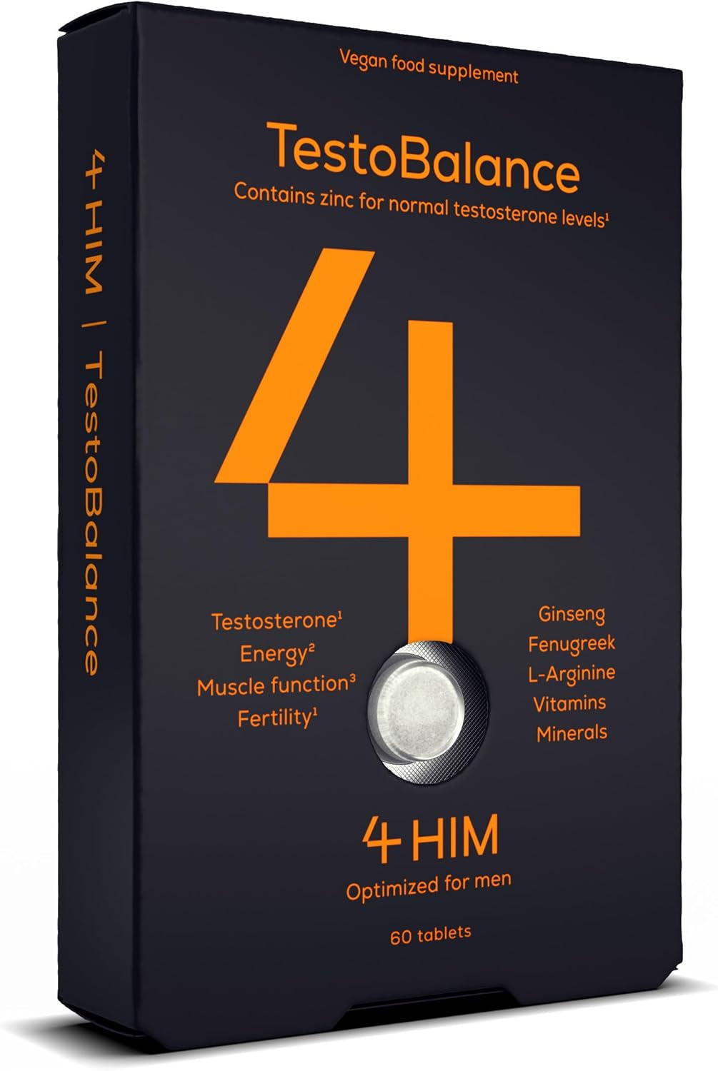 4 HIM Testobalance - Testosterone Supplements for Men - 60 Vegan Tablets - with Zinc, Ginseng, Magnesium, Vitamin D, Fenugreek and Muira Puama - Muscle Function, Energy and Fertility