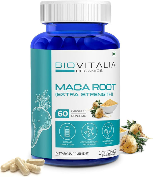 Biovitalia Maca Root Extract Capsule 1000Mg | Dietary Supplement |Promote Active Life| Support Daily Energy Good for Men & Women - 60 Vegan Capsules