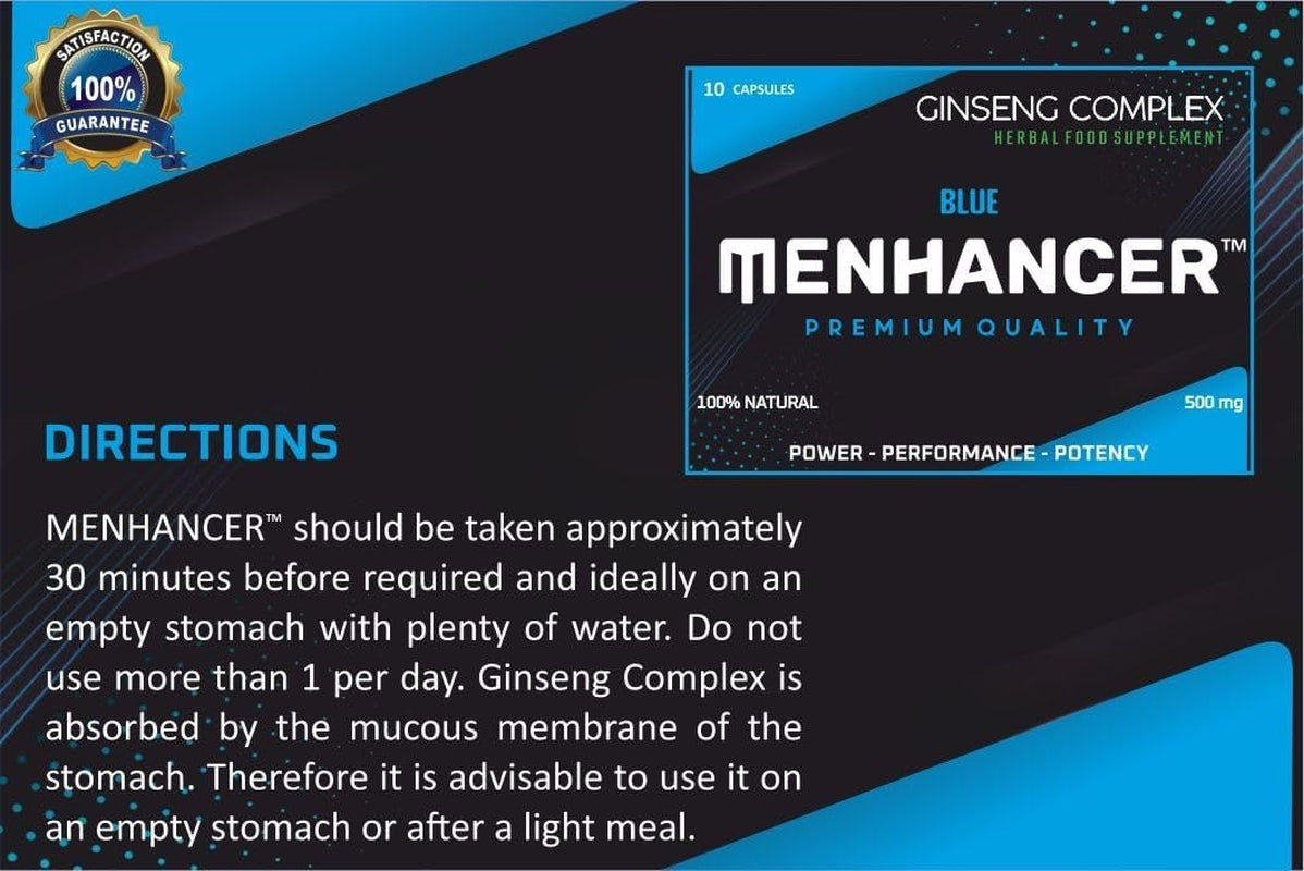 MENHANCER™ - Enhance Your Performance - Extra Strength Performance Enhancing Pills, Stamina Endurance Booster Blue Supplement Pills for Men - 10 Ginseng Capsules