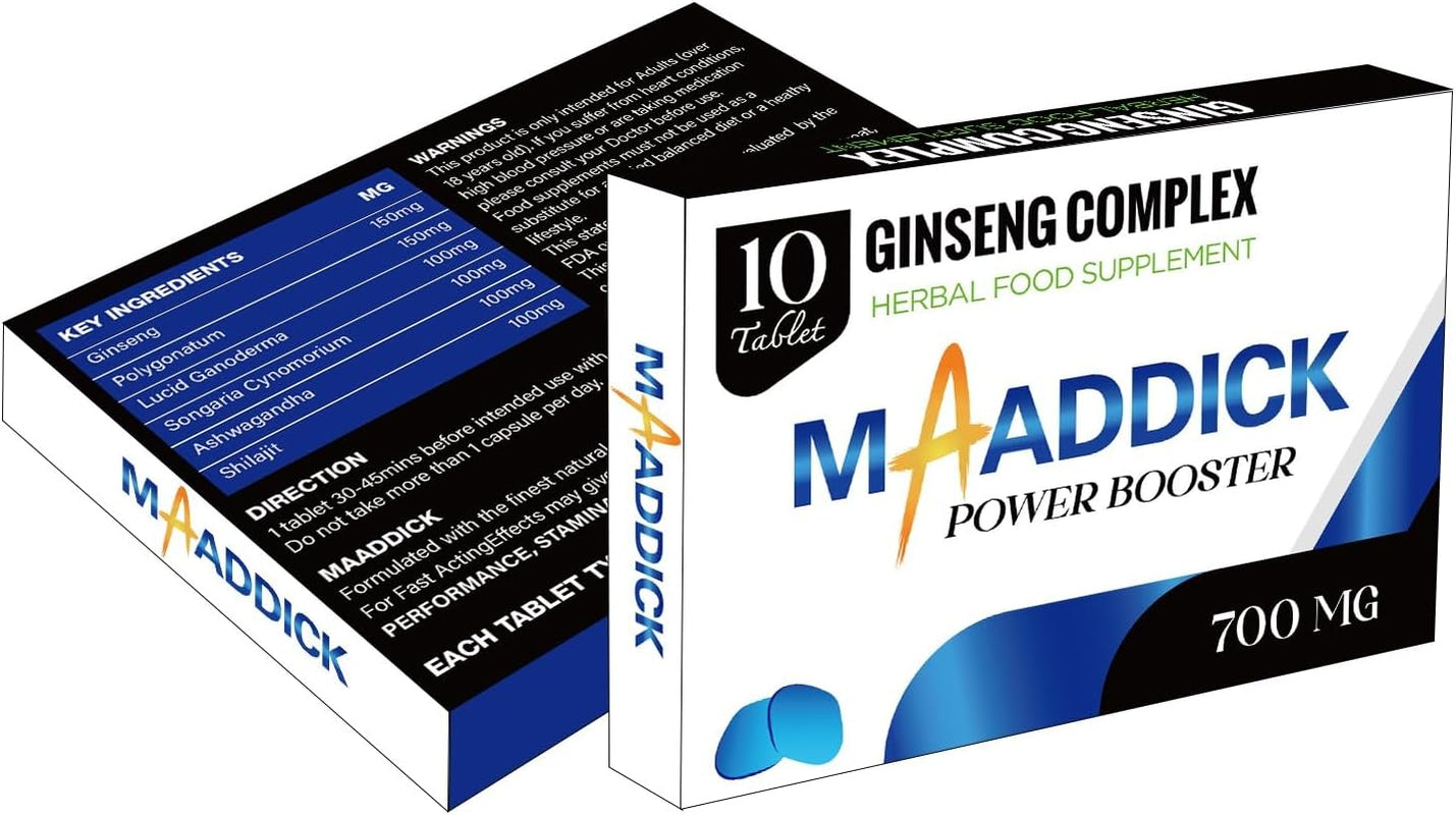 New! Super Extra-Strong MAADDICK® - Ginseng and Herbal Food Supplement for Men. the Most Effective Natural, Powerful and Fast Acting Food Supplement for Men! - (Pack of 10 Tablets)