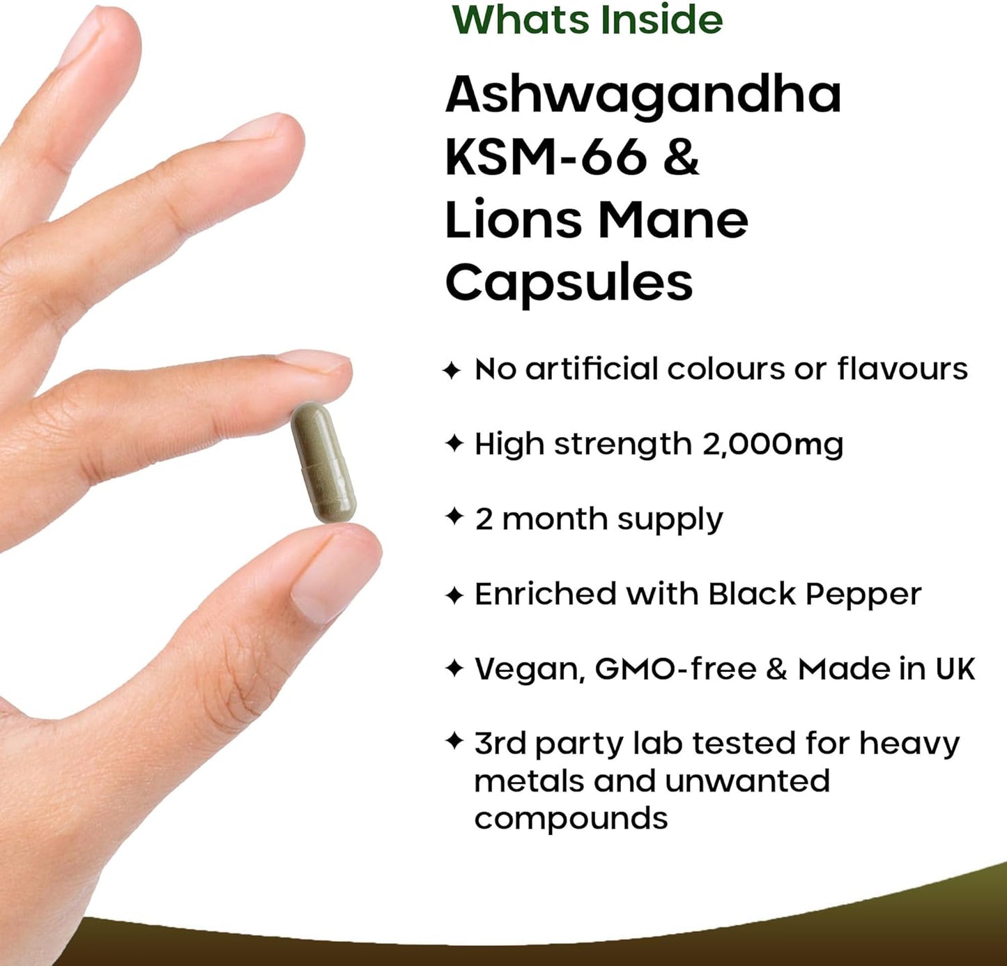 Ashwagandha KSM-66 and Lions Mane Capsules - High Strength 2000Mg KSM-66 Ashwaghandha Root Extract and Lions Mane Mushroom Extract - 120 Vegan Capsules with Black Pepper - UK Made by New Leaf