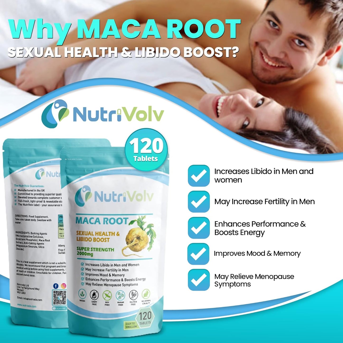 Nutrivolv Maca Root Supplement 2000Mg - High Strength Libido & Sex Drive Booster for Men & Women - Fertility, Energy, & Endurance Support - 120 Tablets