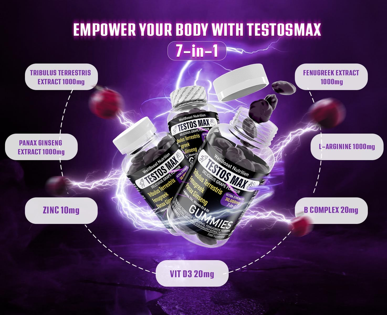 Testos MAX Strength Gummies, 30,000Mg (7In1) Tribulus Terrestris, Fenugreek, Panax Ginseng Extracts, L-Arginine, Zinc, Vitd3 and Vitb6, Delicious Vegan, Sugar Free for Adults with Grapes Flavour.