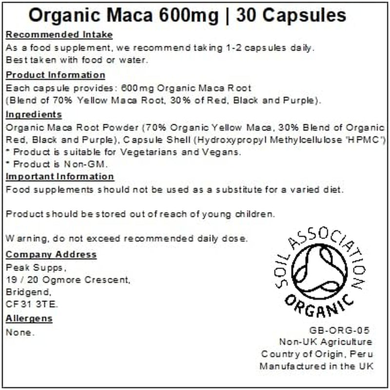 Organic Maca 600Mg - 30 Capsules - Vegan - 4 Root Matcha