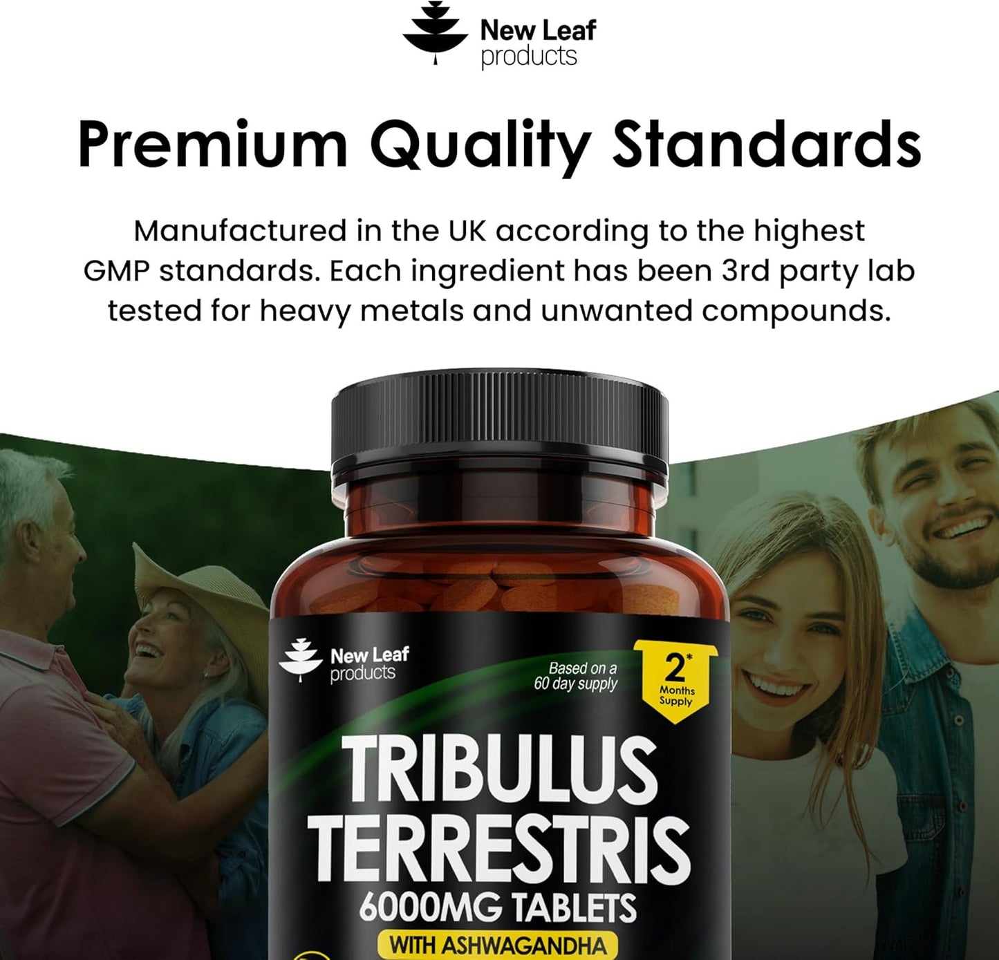 Tribulus Terrestris 6000Mg High Strength Tablets Enriched with Ashwagandha - Tribulus Terrestris with 95% Sapopins - 120 Tribulus Terrestris Tablets Made in the UK by New Leaf