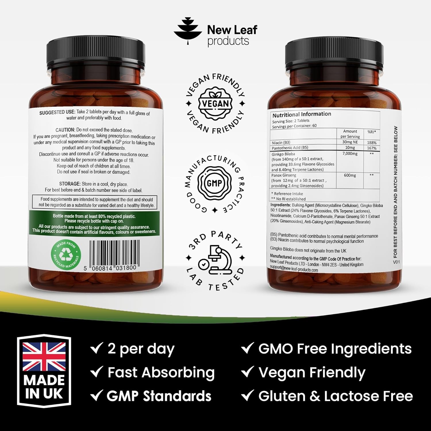 Ginkgo Biloba and Korean Ginseng Tablets - 7000Mg Ginkgo Biloba Herbal Supplements & 600Mg Panax Ginseng High Strength Ginseng Extract - Enriched with Vitamin B3 & B5-120 Vegan Tablets